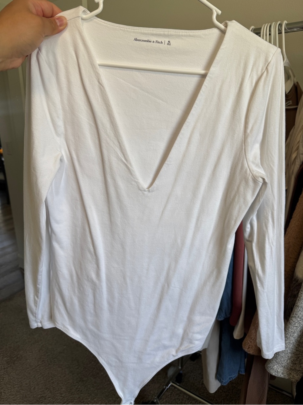 Abercrombie & Fitch White Deep V Long-Sleeve Bodysuit